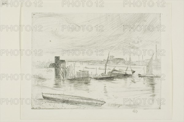 Battersea Dawn (Cadogan Pier), 1861, James McNeill Whistler, American, 1834-1903, United States, Etching and drypoint with foul biting in black ink on ivory laid paper, 112 x 150 mm (plate), 137 x 176 mm (sheet)