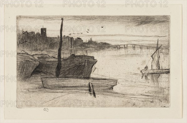 Chelsea Bridge and Church, 1871, James McNeill Whistler, American, 1834-1903, United States, Etching and drypoint with foul biting in black ink on off-white laid paper, 101 x 169 mm (plate), 125 x 195 mm (sheet)