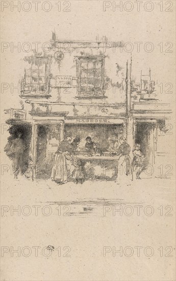 Maunder’s Fish Shop, Chelsea, 1890, James McNeill Whistler, American, 1834-1903, United States, Transfer lithograph in black on cream laid paper, 190 x 170 mm (image), 332 x 200 mm (sheet)
