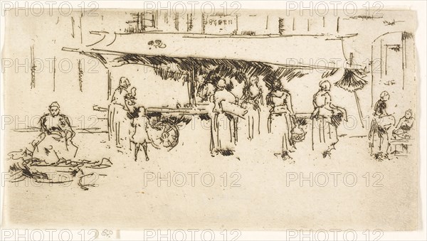 Booth, Market Place, Loches, 1888, James McNeill Whistler, American, 1834-1903, United States, Etching with foul biting in black ink on ivory laid paper, 79 x 147 mm (image, trimmed within plate mark), 82 x 147 mm (sheet)