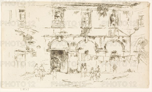 Court of the Monastery of St Augustine, Bourges, 1888, James McNeill Whistler, American, 1834-1903, United States, Etching with foul biting in dark brown ink on ivory laid paper, 129 x 219 mm (image, trimmed within plate mark), 133 x 219 mm (sheet)