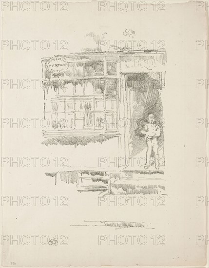 The Barber’s Shop in the Mews, 1896, James McNeill Whistler, American, 1834-1903, United States, Transfer lithograph in black on ivory laid paper, 192 x 120 mm (image), 254 x 195 mm (sheet)