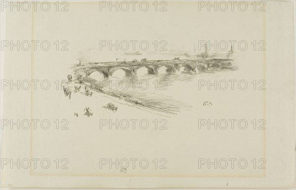 Evening, Little Waterloo Bridge, 1896, James McNeill Whistler, American, 1834-1903, United States, Transfer lithograph in black with stumping, on cream laid paper, 93 x 194 mm (image), 202 x 314 mm (sheet)