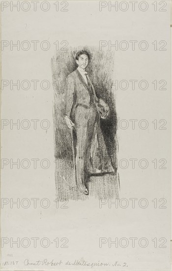 Count Robert de Montesquiou, 1894, Beatrix Godwin Whistler, English, 1857-1896, England, Transfer lithograph in black on off-white wove paper, 213 × 90 mm (image), 363 × 230 mm (sheet)