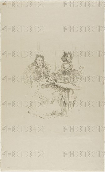 Afternoon Tea, 1897, James McNeill Whistler, American, 1834-1903, United States, Transfer lithograph in various black inks, on tan laid Japanese vellum, 185 x 157 mm (image), 397 x 243 mm (sheet)