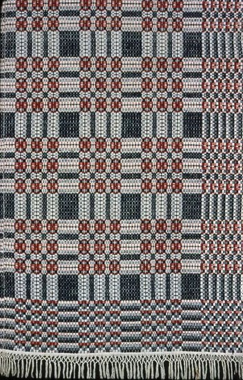 Coverlet, 1820/30, United States, Cotton and wool, plain weave with supplementary patterning wefts (overshot), two loom widths joined, 236.2 x 180.3 cm (93 1/2 x 71 in.)