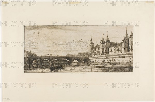 Pont-au-Change, Paris, 1854, Charles Meryon, French, 1821-1868, France, Etching on ivory chine, laid down on ivory laid paper, 144 × 329 mm (image, including stray marks), 152 × 334 mm (plate), 139 × 326 mm (primary support), 299 × 452 mm (secondary support)