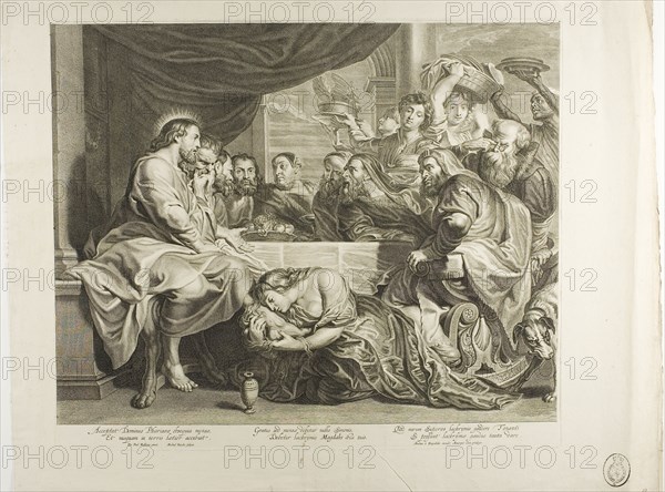 Mary Magdalene at the Feet of Jesus in the Home of Simon the Pharisee, n.d., Michiel Natalis (Flemish, 1610-1668), after Peter Paul Rubens (Flemish, 1577-1640), Flanders, Engraving in black on cream laid paper, 396 × 496 mm (image), 421 × 500 mm (plate), 532 × 658 mm (sheet)