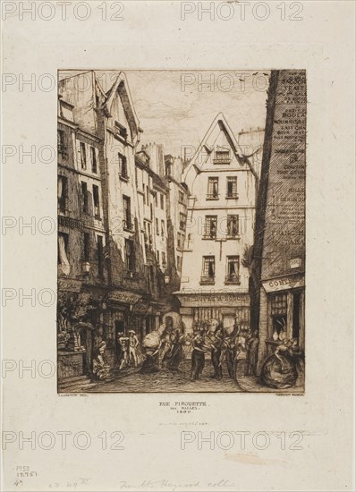 Rue Pirouette aux Halles, Paris, 1860, Charles Meryon (French, 1821-1868), printed by Auguste Delâtre (French, 1822-1907), after Louis-Marie Laurence (French, 1811-1886), France, Etching and drypoint in warm black on ivory laid paper, 154 × 100 mm (image, including stray marks), 157 × 116 mm (plate), 195 × 151 mm (sheet)
