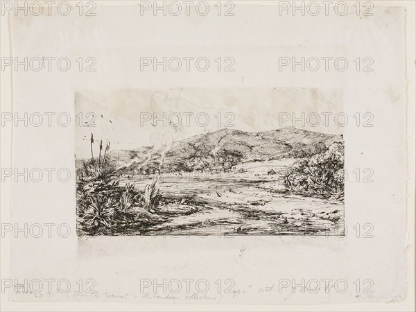 The Little French Colony at Akaroa, 1845, 1865, Charles Meryon, French, 1821-1868, France, Etching with burnishing on grayish-ivory China paper, 93 × 145 (image, including stray marks), 139 × 154 mm (plate), 159 × 213 mm (sheet)