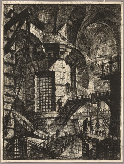 The Round Tower, plate 3 from the second edition of Carceri d’invenzione (Imaginary Prisons), 1750, reworked 1761, Giovanni Battista Piranesi, Italian, 1720-1778, Italy, Etching, engraving, sulphur tint, and burnishing in black on ivory laid paper, 542 x 410 mm (image), 549 x 416 mm (plate), 561 x 425 mm (sheet)