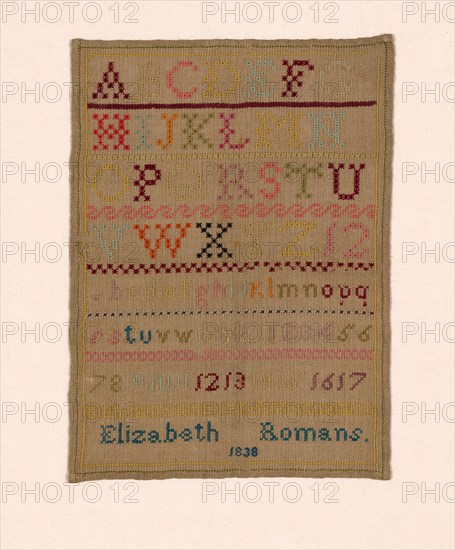 Sampler, 1838, Elizabeth (née Romans) Clarke (Canadian, 1830(?)-1899), Canada, possibly Ontario, Canada, Linen, plain weave, embroidered with wool yarns in Algerian eye, cross, crossed back, hem, and Rice stitches, 42.5 × 30.8 cm (16 3/4 × 12 1/8 in.)