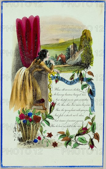 Silent Love (valentine), c. 1840, Unknown Artist, English, 19th century, England, Lithograph with hand-coloring on blue-green laid paper, 184 × 115 mm (folded sheet)