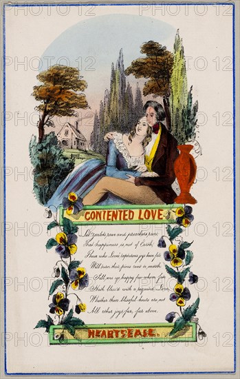 Contented Love (valentine), c. 1840, Unknown Artist, English, 19th century, England, Lithograph with hand-coloring on pinkish cream laid paper, 185 × 116 mm (folded sheet)