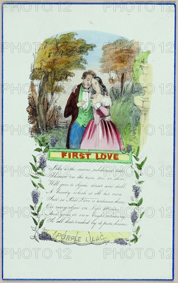 First Love (Valentine), c. 1840, Unknown Artist, English, 19th century, England, Lithograph with hand-coloring on blue-green laid paper, 184 × 116 mm (folded sheet)