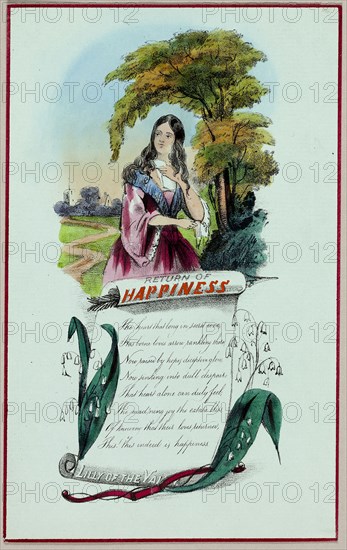 Return of Happiness (valentine), c. 1840, Unknown Artist, English, 19th century, England, Lithograph with hand-coloring on blue-green laid paper, 183 × 115 mm (folded sheet)