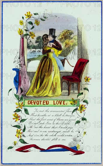 Devoted Love (valentine), c. 1840, Unknown Artist, English, 19th century, England, Lithograph with hand-coloring on blue-green laid paper, 184 × 114 mm (folded sheet)
