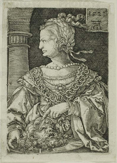 Judith with the Head of Holofernes, 1528, Heinrich Aldegrever, German, 1502-c.1560, Germany, Engraving in black on ivory laid paper, 80 x 55 mm (plate), 86 x 62 mm (sheet)