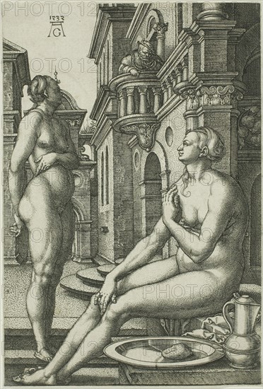 Bathsheba at the Bath, 1532, Heinrich Aldegrever, German, 1502-c.1560, Germany, Engraving in black on ivory laid paper, 145 x 99 mm (image/plate/sheet)
