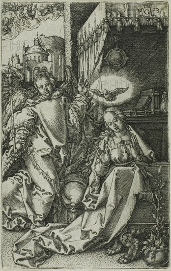 The Annunciation, 1553, Heinrich Aldegrever, German, 1502-c.1560, Germany, Engraving in black on ivory laid paper, 108 x 68 mm (image/plate)