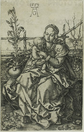 The Virgin and Child Seated on a Grassy Bank, 1553, Heinrich Aldegrever, German, 1502-c.1560, Germany, Engraving in black on ivory laid paper, 107 x 68 mm (image/plate/sheet)