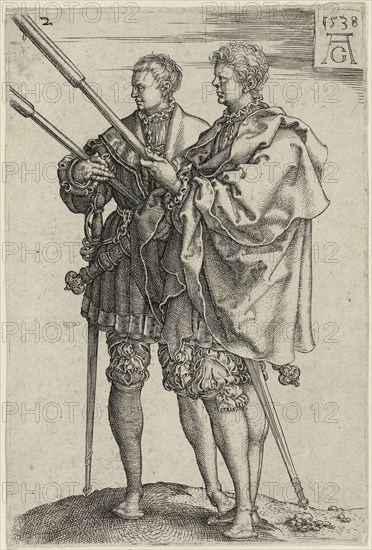 Two Torch-Bearers, plate two from The Large Wedding-Dancers, 1538, Heinrich Aldegrever, German, 1502-c.1560, Germany, Engraving in black on ivory laid paper, 116 x 77 mm (image/plate/sheet)