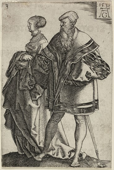 Dancing Couple, plate three from The Large Wedding-Dancers, 1538, Heinrich Aldegrever, German, 1502-c.1560, Germany, Engraving in black on ivory laid paper, 117 x 78 mm (image/plate/sheet)