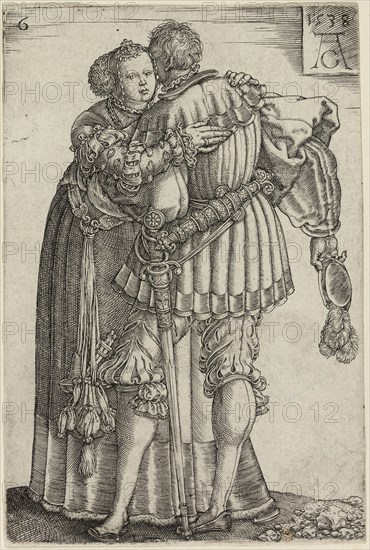 Couple Embracing, plate six from The Large Wedding-Dancers, 1538, Heinrich Aldegrever, German, 1502-c.1560, Germany, Engraving in black on ivory laid paper, 118 x 79 mm (image/plate/sheet)