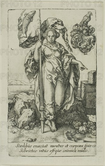 Temperance, from the Virtues, 1552, Heinrich Aldegrever, German, 1502-c.1560, Germany, Engraving in black on ivory laid paper, 104 x 62 mm (image/plate)