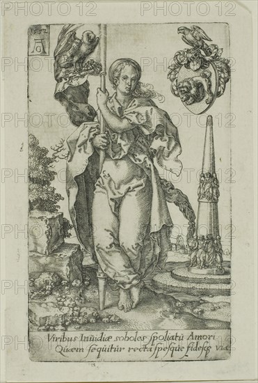 Charity, from the Virtues, 1552, Heinrich Aldegrever, German, 1502-c.1560, Germany, Engraving in black on ivory laid paper, 104 x 62 mm (image/plate)