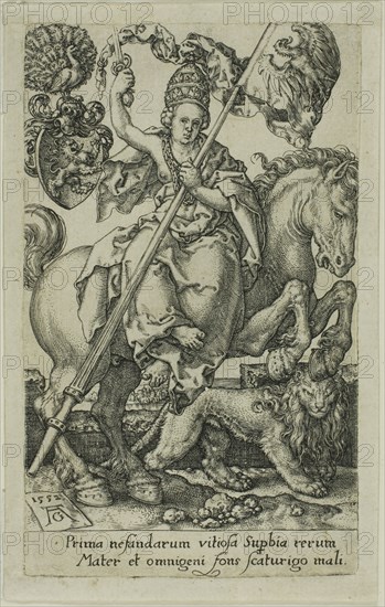 Pride, from the Vices, 1552, Heinrich Aldegrever, German, 1502-c.1560, Germany, Engraving in black on ivory laid paper, 101 x 61 mm (image/plate)