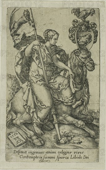 Lust, from the Vices, 1552, Heinrich Aldegrever, German, 1502-c.1560, Germany, Engraving in black on ivory laid paper, 102 x 61 mm (image/plate)