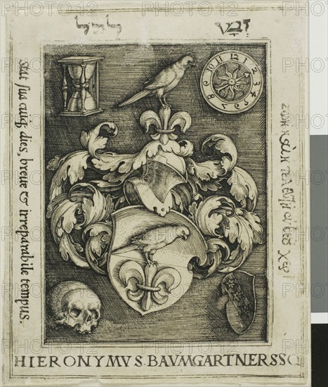 Bookplate of Hieronymous Baumgärtner, 1522/40, Barthel Beham, German, 1502-1540, Germany, Engraving in black on ivory laid paper, 86 x 70 mm (image/sheet, trimmed within plate mark)