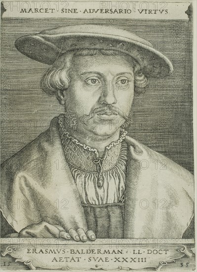 Erasmus Balderman, 1535, Barthel Beham, German, 1502-1540, Germany, Engraving in black on ivory laid paper, 131 x 95 mm (image, trimmed within plate mark)