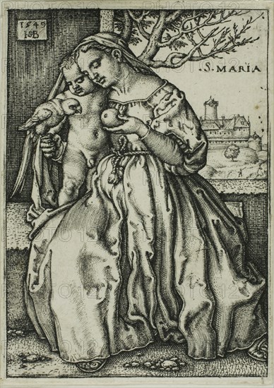 The Virgin and Child with the Parrot, 1549, Sebald Beham (German, 1500-1550), after Barthel Beham (German, 1502-1540), Germany, Engraving in black on ivory laid paper, 81 x 57 mm (image/plate), 83 x 59 mm (sheet)