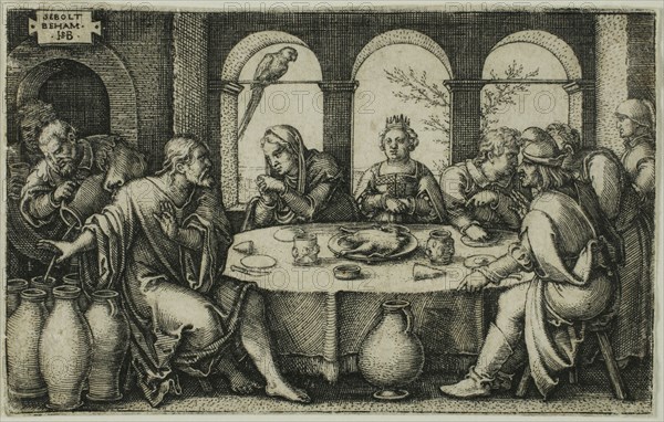 The Wedding at Canaan, n.d., Sebald Beham, German, 1500-1550, Germany, Engraving in black on ivory laid paper, 46 x 74 mm (image/sheet, trimmed within plate mark)