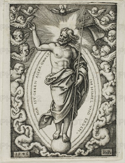 Christ on the Globe, 1546, Sebald Beham, German, 1500-1550, Germany, Engraving in black on ivory laid paper, 71 x 50 mm (image/sheet, trimmed to plate mark)