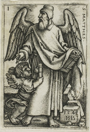 St. Matthew, from The Four Evangelists, 1541, Sebald Beham, German, 1500-1550, Germany, Engraving in black on ivory laid paper, 43 x 29 mm (image/plate), 45 x 31 mm (sheet)