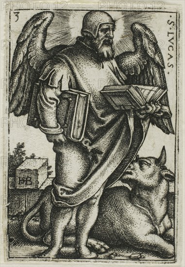 St. Luke, from The Four Evangelists, 1541, Sebald Beham, German, 1500-1550, Germany, Engraving in black on ivory laid paper, 43 x 29 mm (image/plate), 45 x 30 mm (sheet)