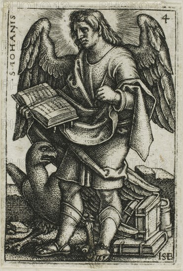 St. John, from The Four Evangelists, 1541, Sebald Beham, German, 1500-1550, Germany, Engraving in black on ivory laid paper, 43 x 28 mm (image/plate), 45 x 30 mm (sheet)