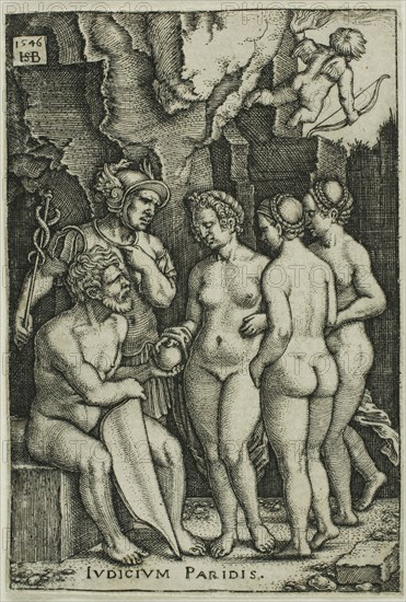 The Judgment of Paris, 1546, Sebald Beham (German, 1500-1550), after Barthel Beham (German, 1502-1540), Germany, Engraving in black on ivory laid paper, 69 x 46 mm (image/plate), 70 x 47 mm (sheet)