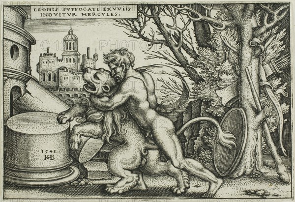 Hercules and the Nemean Lion, from The Labors of Hercules, 1548, Sebald Beham, German, 1500-1550, Germany, Engraving in black on ivory laid paper, 52 x 77 mm (image/plate), 53 x 79 mm (sheet)