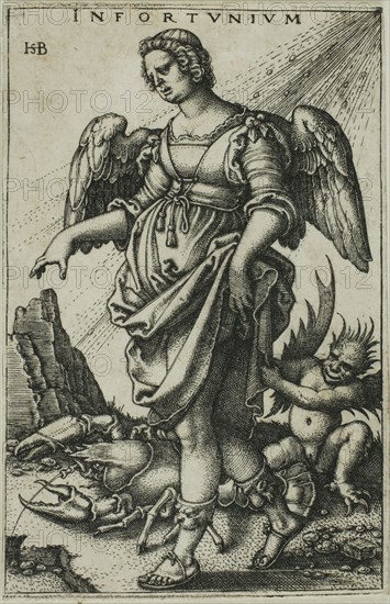 Misfortune, c. 1541, Sebald Beham, German, 1500-1550, Germany, Engraving in black on ivory laid paper, 77 x 50 mm (image/plate), 78.5 x 51 mm (sheet)
