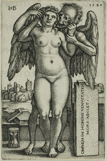Death and the Maiden, 1547, Sebald Beham, German, 1500-1550, Germany, Engraving in black on ivory laid paper, 75 x 48 mm (image/sheet, trimmed to platemark)