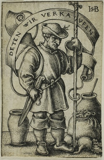 The Market Peasant, c. 1542, Sebald Beham, German, 1500-1550, Germany, Engraving in black on ivory laid paper, 39.5 x 26 mm (image/sheet, trimmed within plate mark)