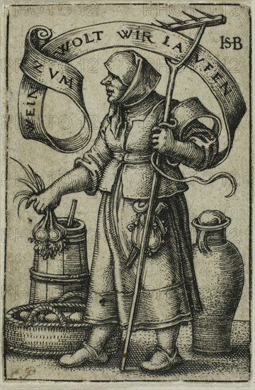 The Market Woman, c. 1542, Sebald Beham, German, 1500-1550, Germany, Engraving in black on ivory laid paper, 40 x 26 mm (image/sheet, trimmed irregularly to plate mark)