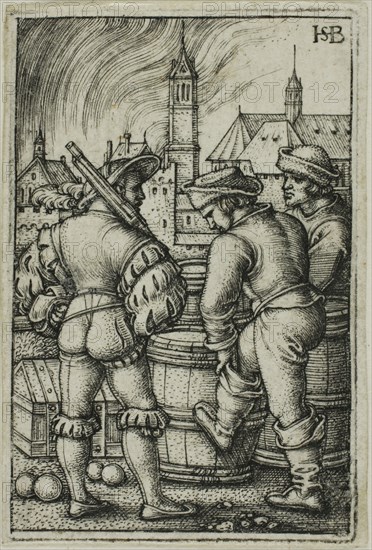 The Guard Near the Powder Casks, n.d., Sebald Beham, German, 1500-1550, Germany, Engraving in black on ivory laid paper, 45.5 x 30 mm (image/plate), 46 x 31 mm (sheet)