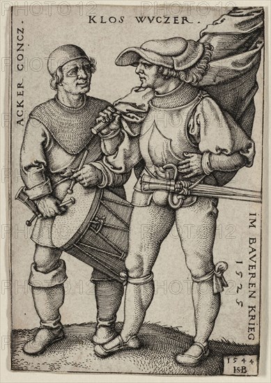 Standard-Bearer and Drummer, 1544, Sebald Beham, German, 1500-1550, Germany, Engraving in black on ivory laid paper, 70 x 47 mm (image/sheet, trimmed within plate mark)