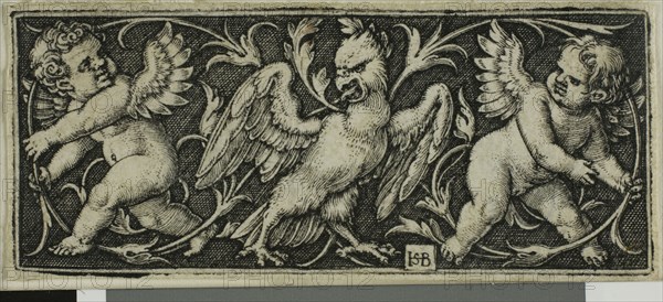 Ornament with an Eagle and Two Genii, from Four Vignettes, c. 1544, Sebald Beham, German, 1500-1550, Germany, Engraving in black on ivory laid paper, 22 x 52 mm (image/plate), 23 x 53 mm (sheet)