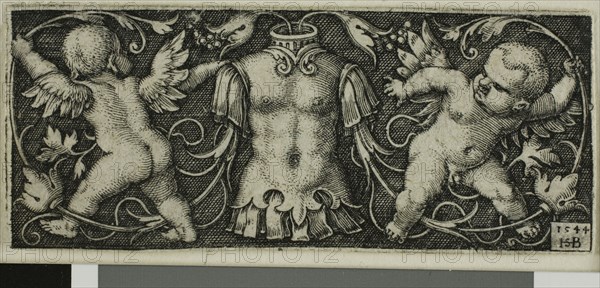 Ornament with Armor and Two Genii, from Four Vignettes, 1544, Sebald Beham, German, 1500-1550, Germany, Engraving in black on ivory laid paper, 22 x 53 mm (image/plate), 23 x 54 mm (sheet)